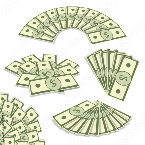 Banknotes fan set vector illustration. Drawn in a perspective simple dollars, money bills design elements isolated on white. Business, commerce, casino, banking, advertisement templates collection.