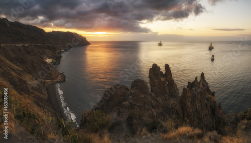 Sunset over the rocky coast of atlantic Tenerife