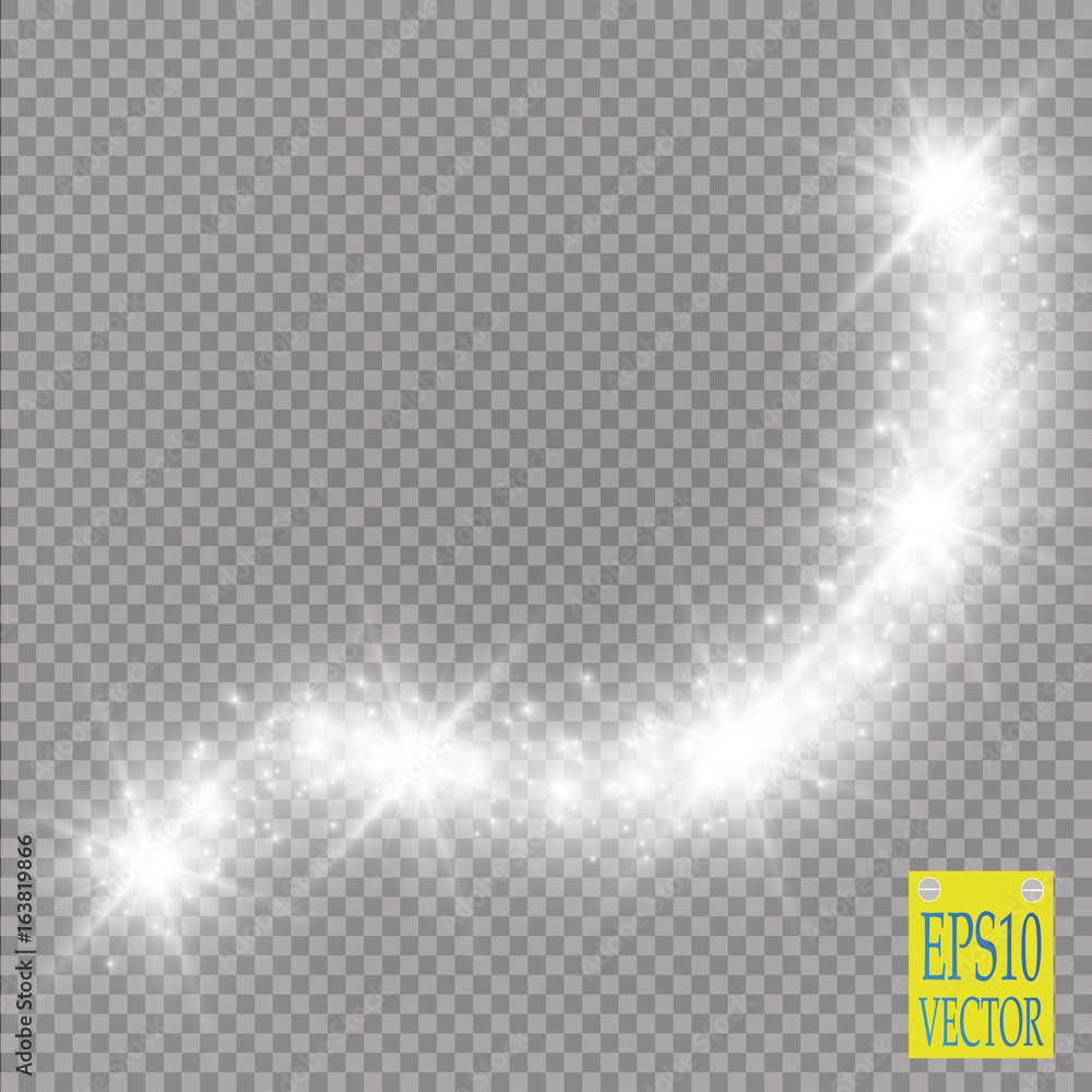 Vector white glitter wave abstract illustration. White stars dust trail sparkling particles isolated on transparent background. Magic concept\ Vector white glitter wave abstract illustration. White stars dust trail sparkling particles isolated on transparent background. Magic concept\