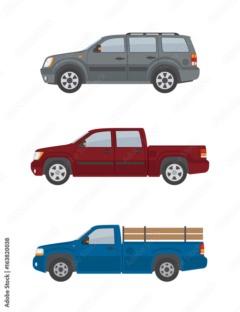 Two pickup trucks and off-road car isolated on white background. Flat style, vector illustration. 