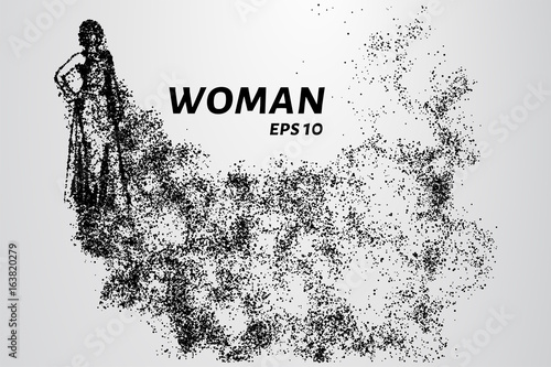 The woman from the particles. From the silhouette of the woman with the wind detaches small circles. Vector illustration