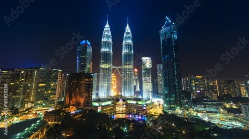 Kuala Lumpur Night Cityscape Landmark Travel Place Of Malaysia 4K Time Lapse (dolly shot)