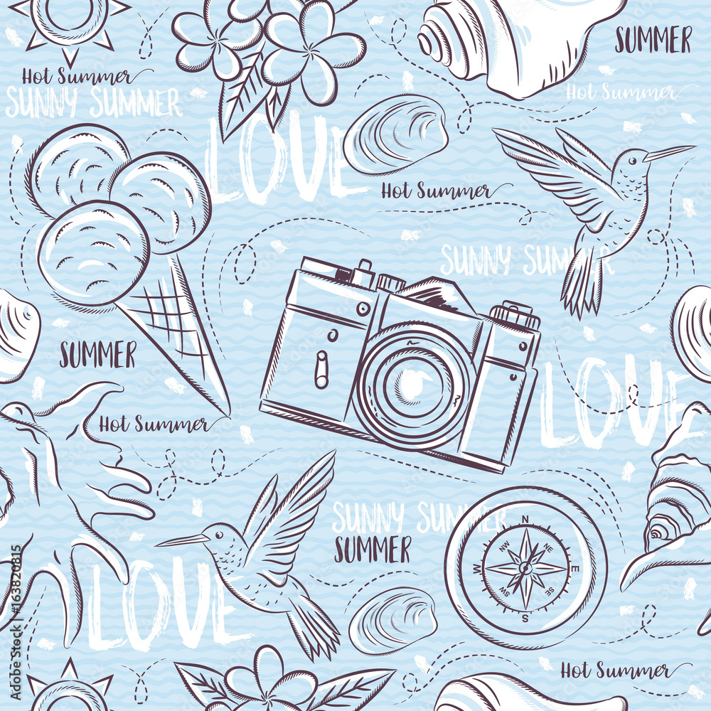 Fototapeta premium Seamless Patterns with summer symbols, hummingbird, ice cream, camera, flower on a blue grunge background, vector illustration.