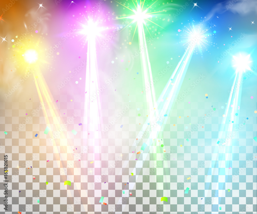 Realistic vector bright projectors for scene lighting isolated. Colorful  stage lights background. Background show carnival. Special light effects.  Vector Stock Vector | Adobe Stock