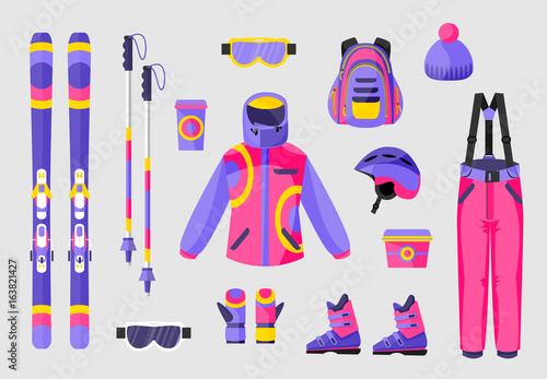 Set of snowboarding gear, clothing equipment icons, flat vector illustration isolated on background. Flat vector ski, poles, clothes and tools - boots, salopettes, jacket, hat, backpack, goggles