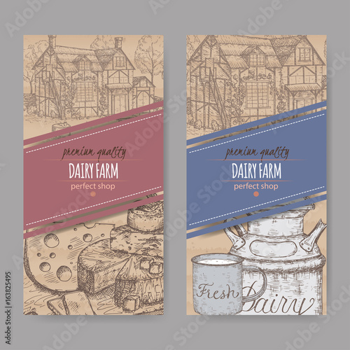 Two dairy farm shop labels with farmhouse, milk can, mug and cheese plate.