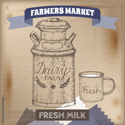 Vintage farmers market label with metal milk can and enamel mug.