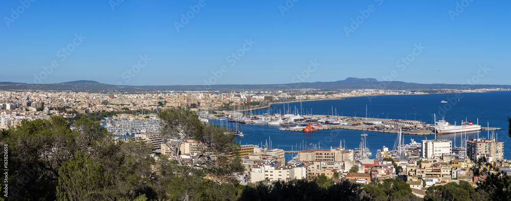 Panoramic aerial overhead view of Palma de Mallorca sunny day, Spain. Bay harbor with many sailboats and Luxury cruises