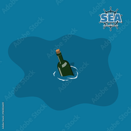 Bottle in water in isometric style. Pirate game. 3d image of sea message for help. Vector illustration