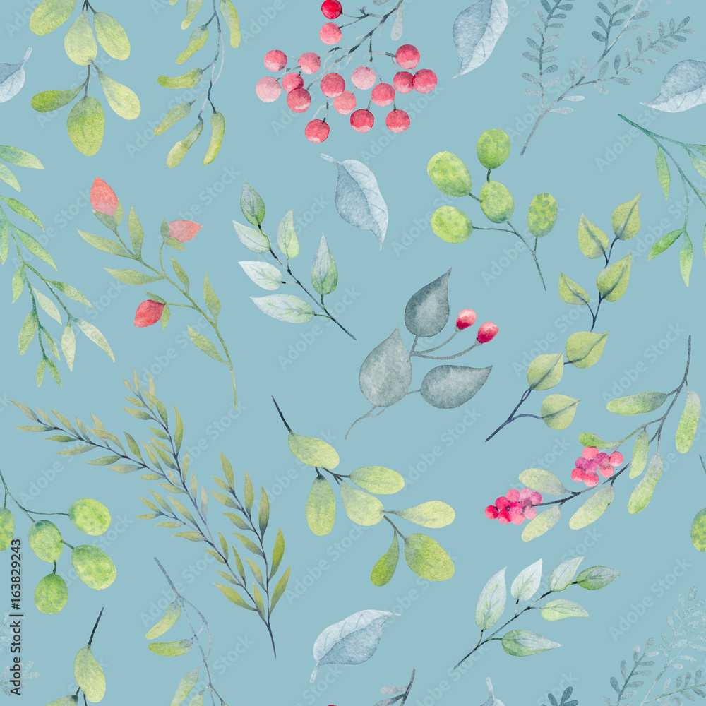 Watercolor floral pattern on blue background
