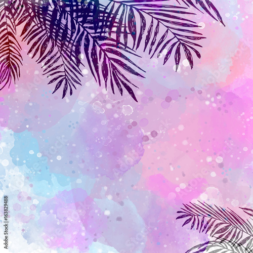 trendy Pink blue tropical background, leaves, coconut palm. Vector illustrati...