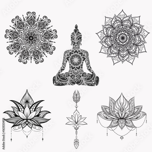 Sitting Buddha with detailed lotus flower.