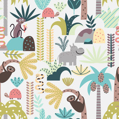 Fototapete Dschungelmuster fürs Kinderzimmer Niedliche Dschungeltiere für Kinderzimmer  © rosypatterns