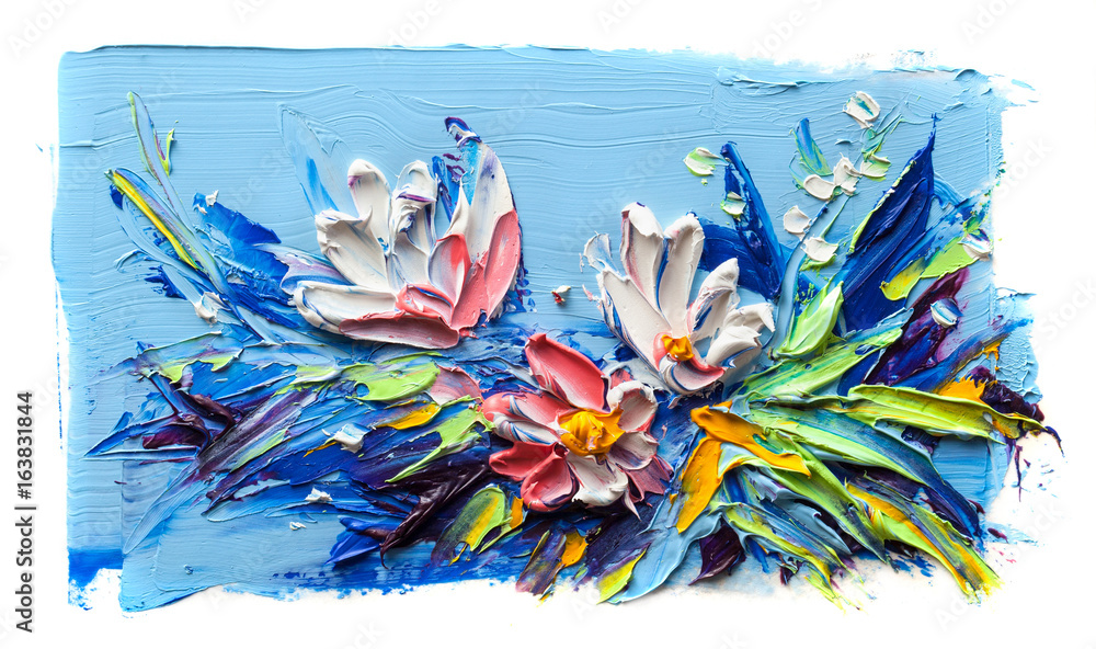 Fototapeta Kwiaty pędzlem malowane na niebieskim tle