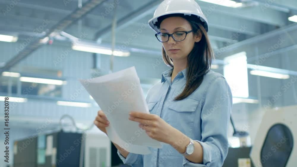 Female Engineer Wearing Hard Hat Works With Blueprints while Standing in the Middle of Big Factory. Shot on RED EPIC-W 8K Helium Cinema Camera.