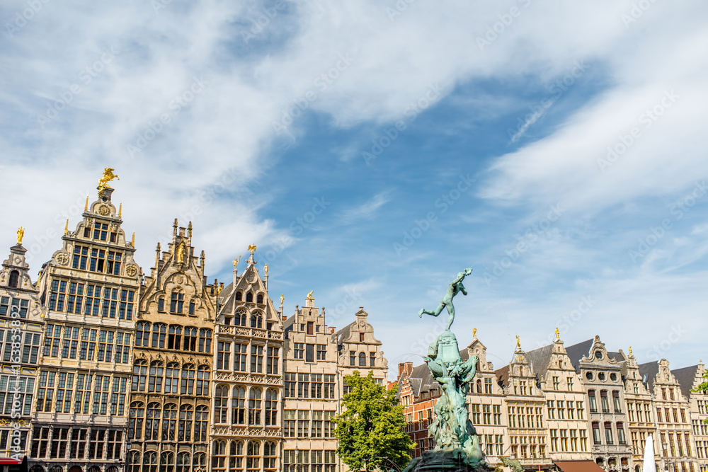 View on the beautiful buildings with fountain sculpture in the center of Antwerpen city in Belgium