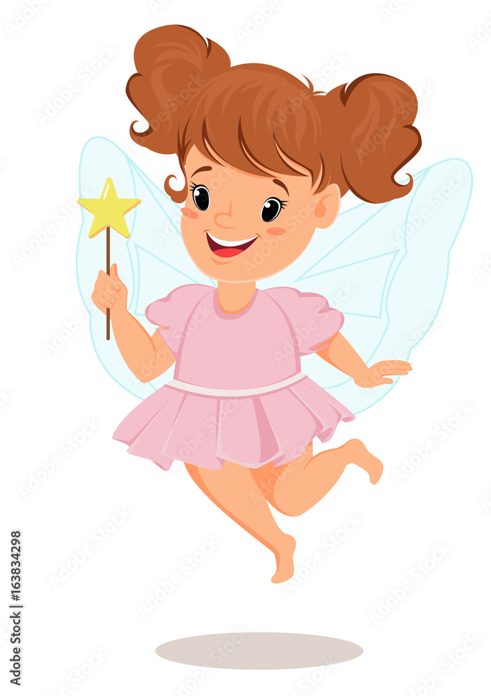Fairy girl in pink dress with magic wand. Cute little child, cartoon character – stock vector Fairy girl in pink dress with magic wand. Cute little child, cartoon character – stock vector
