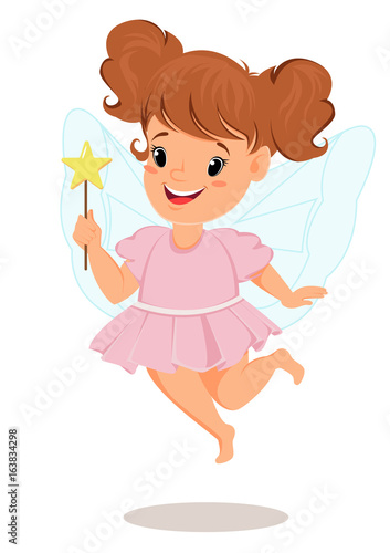 Fairy girl in pink dress with magic wand. Cute little child  cartoon character     stock vector