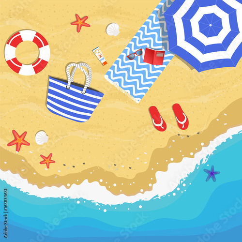 Summer hand drawn vector illustration with beach from above view, sun umbrella, beach bag, towel, flip flops, sea buoy, sun glasses, sea stars and shells