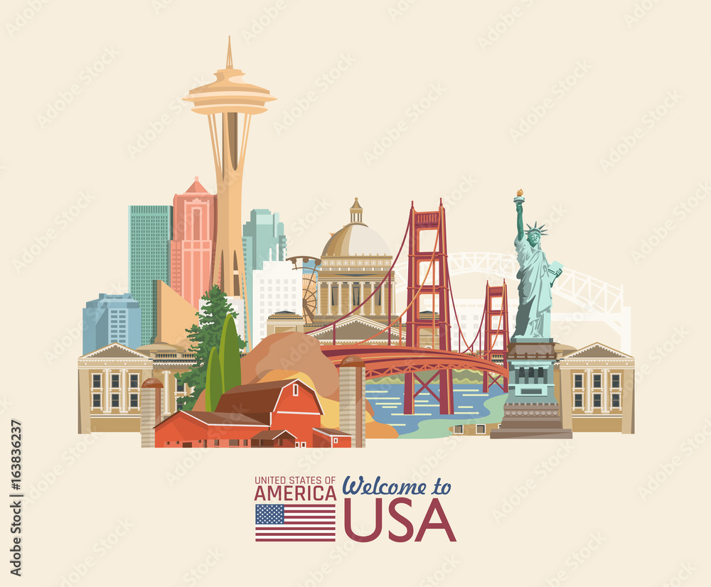 Obraz premium Welcome to USA. United States of America poster. Vector illustration about travel