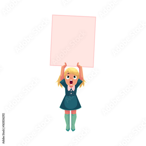 Little girl, child, kid holding blank empty poster, board, message or presentation element, cartoon vector illustration isolated on white background. Little girl holding empty, blank poster over head