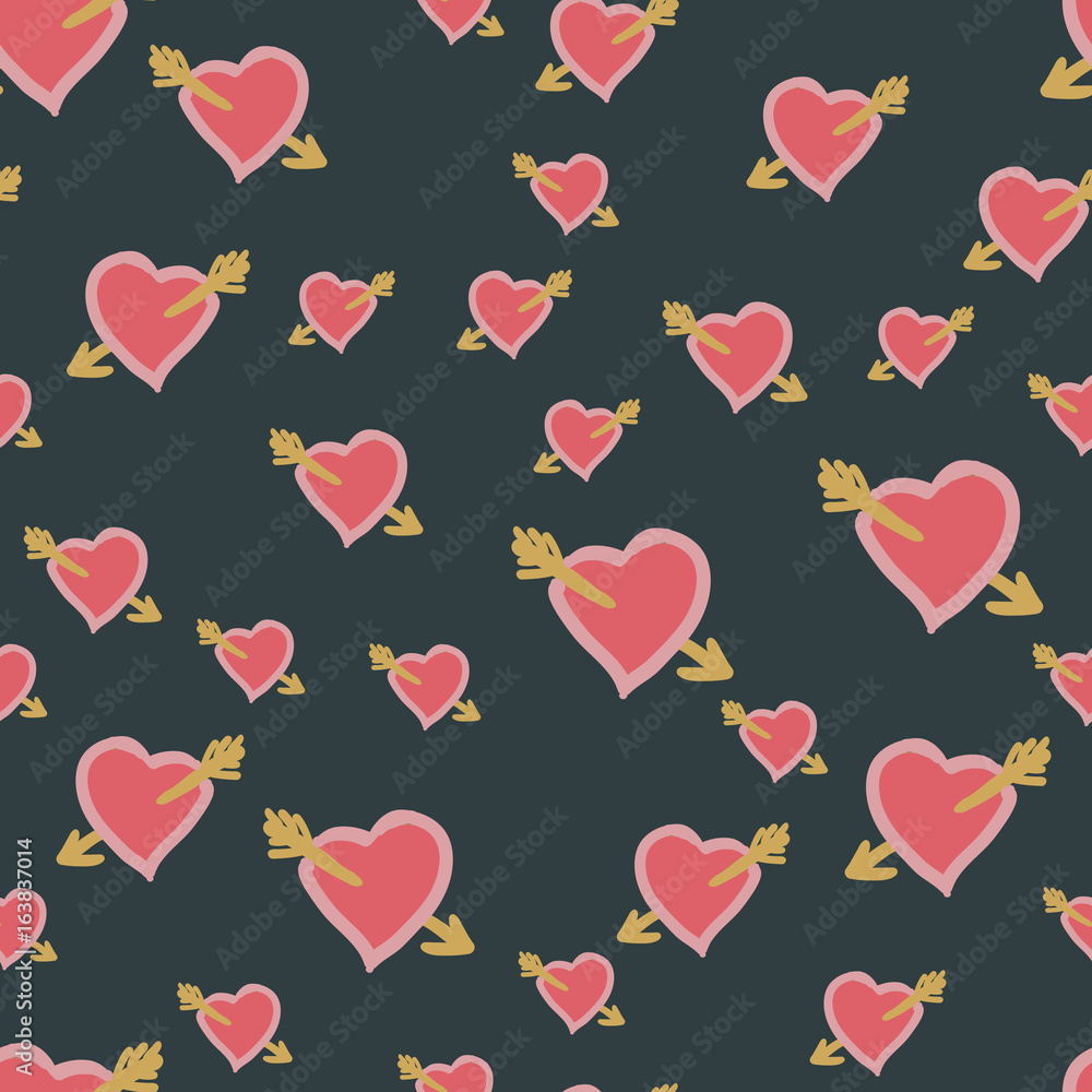 Vector pattern with wounded by cupid arrow hearts romantic concept. Can be used for fabric, wallpaper pattern, greeting and invitation cards, stickers, ornamental template for postcard.