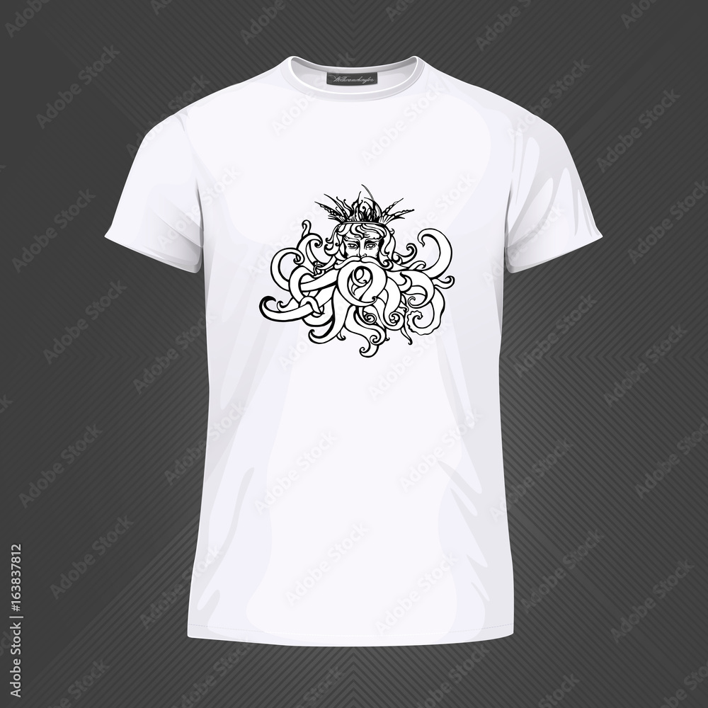Original print for t-shirt. White t-shirt with fashionable design - Poseidon or Neptune head. Vector Illustration Original print for t-shirt. White t-shirt with fashionable design - Poseidon or Neptune head. Vector Illustration
