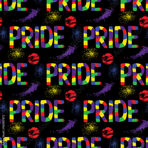Colored rainbow letters of the handwritten text Pride. Seamless pattern on the theme of LGBT parade, vector design