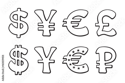 Sign of American dollar, European euro, Japanese yen and Chinese yuan, Russian ruble and British pound. Vector illustration set. Hand drawn doodles signs of world currencies