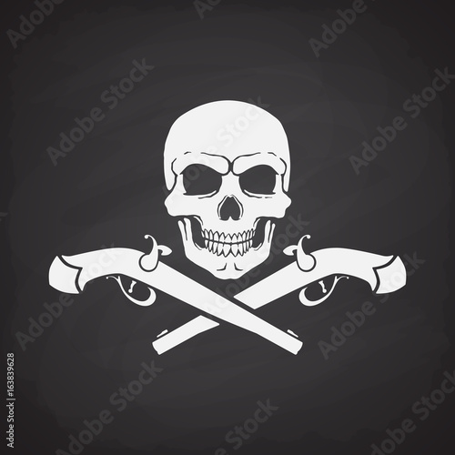 Silhouette of skull Jolly Roger with crossed pistols at the bottom on blackboard background. Vector illustration. Danger and warning sign. Symbol on the flag of pirates