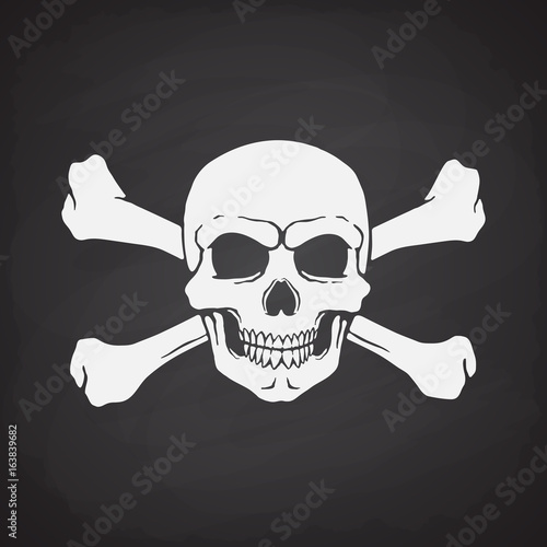 Silhouette of skull Jolly Roger with crossbones behind on blackboard background. Vector illustration. Danger and warning sign. Symbol on the flag of pirates