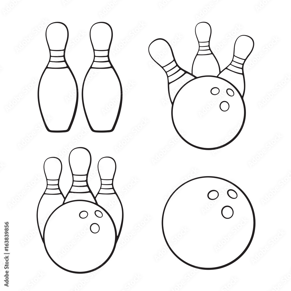 Vector illustration. Set of doodles of bowling balls and bawling pins. Hand  drawn doodles of sports equipment. Cartoon sketch. Design elements Stock  Vector | Adobe Stock