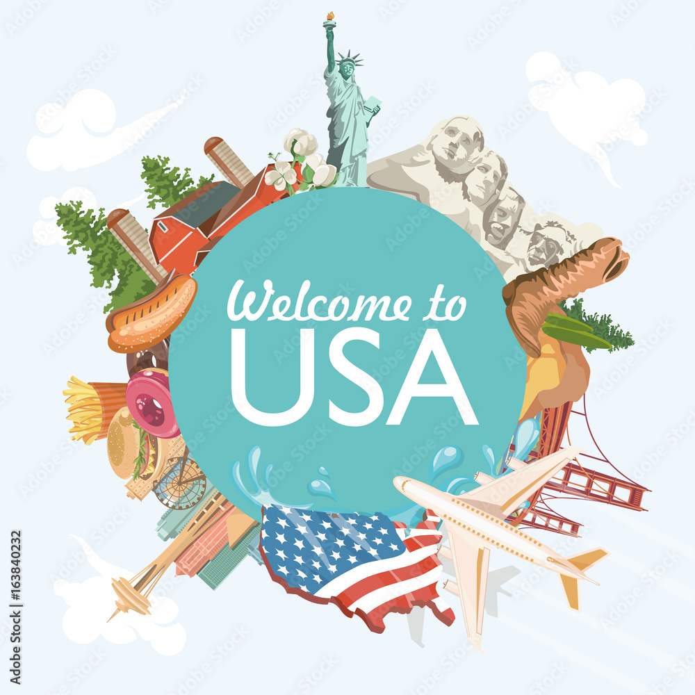 Vettoriale Stock Welcome to USA. United States of America poster. Vector  illustration about travel | Adobe Stock