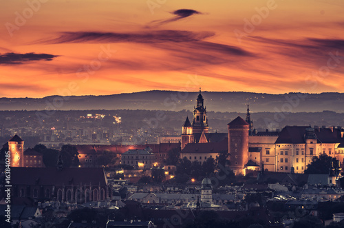 Krakow panorama from Krakus Mound, Poland landscape in the evening.