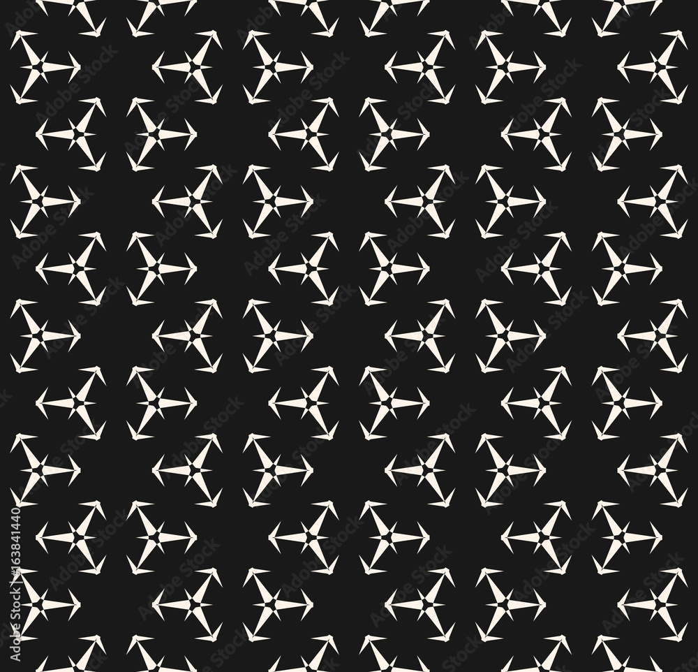 Vector monochrome texture, seamless pattern with simple sharped geometric figures, triangular shapes, blades, arrows, fans. Dark abstract background. Design for prints, fabric, decor, digital, web Vector monochrome texture, seamless pattern with simple sharped geometric figures, triangular shapes, blades, arrows, fans. Dark abstract background. Design for prints, fabric, decor, digital, web