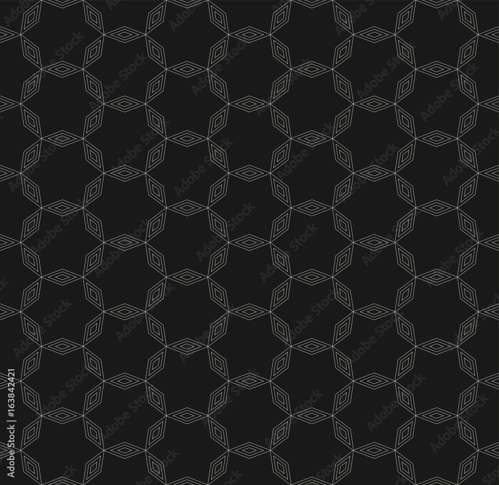 Subtle geometric pattern, vector seamless texture with thin linear lattice. Delicate ornamental abstract background, repeat tiles. Dark minimalist design for prints, decoration, covers, digital, web