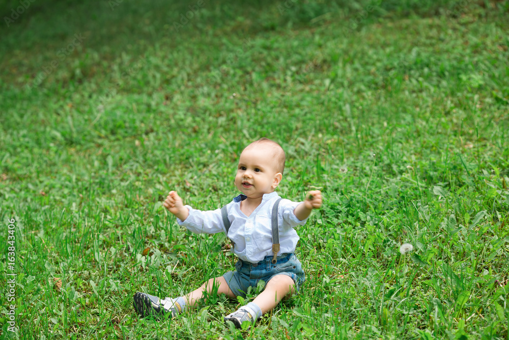 Little smiling and rejoicing boy sitting on green grass in park with keen look Little smiling and rejoicing boy sitting on green grass in park with keen look