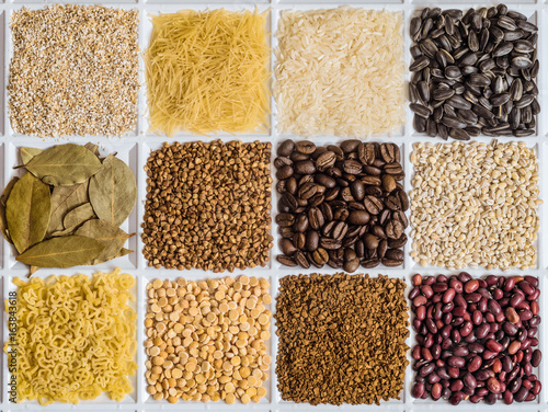 Grocery set of food products: barley grits, vermicelli, rice, sunflower seeds, bay leafs, buckwheat, roasted coffee beans, pearl barley, figured macaroni, dried peas, freeze-dried coffee, red beans.