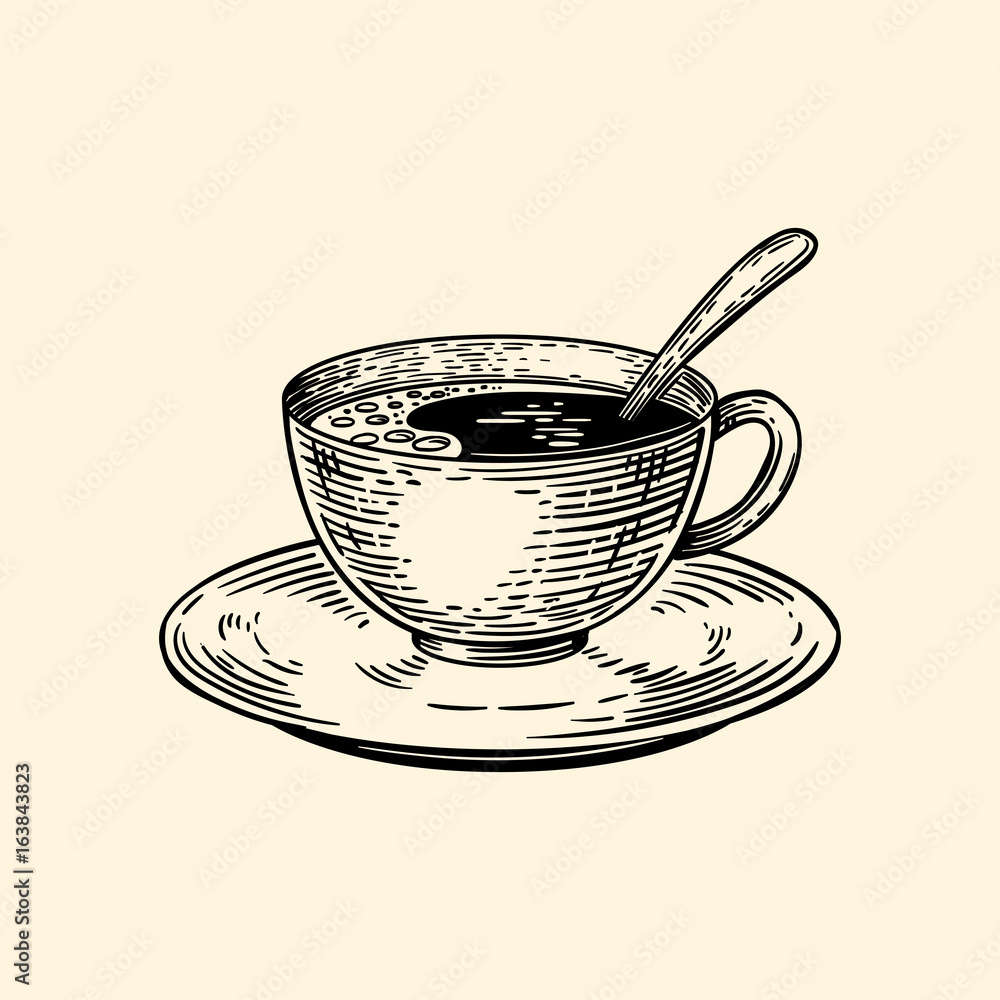 A cup of coffee on a saucer with a spoon. Vector illustration in sketch style A cup of coffee on a saucer with a spoon. Vector illustration in sketch style
