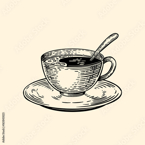 A cup of coffee on a saucer with a spoon. Vector illustration in sketch style