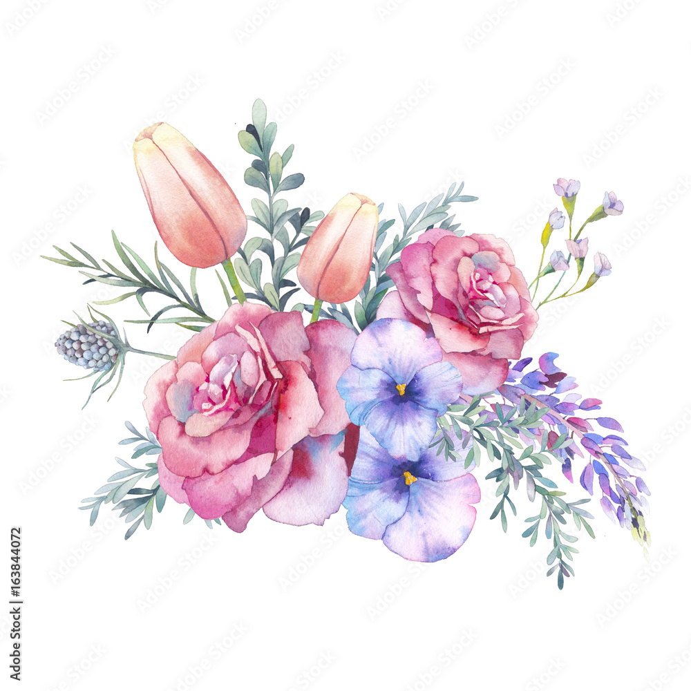 Watercolor flowers bouquet. Hand painted botanical illustration with eucalyptus leaves, wild flowers, rose, tulip, wisteria, green branches isolated on white background. Floral artwork