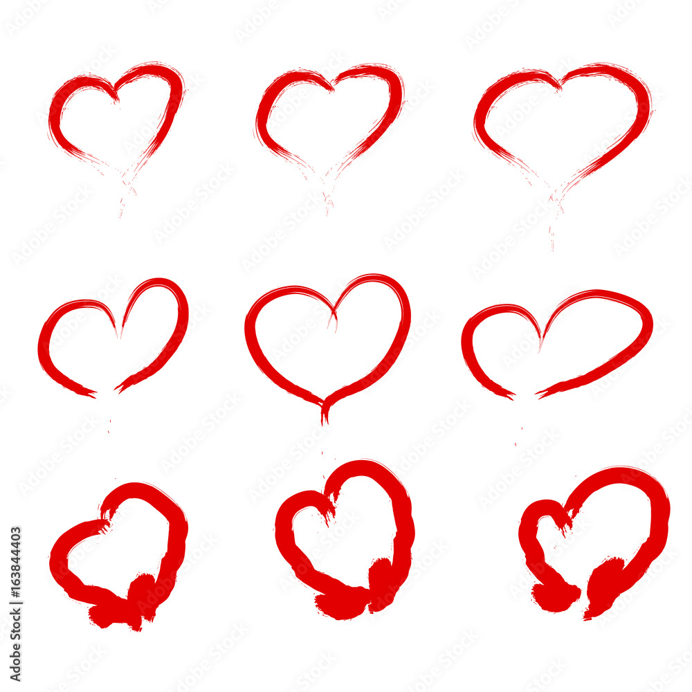 Set Of Scribbled Hearts. Vector grunge style icons collection. Vector illustration of the brush hand drawn sketchy hearts on the white background.