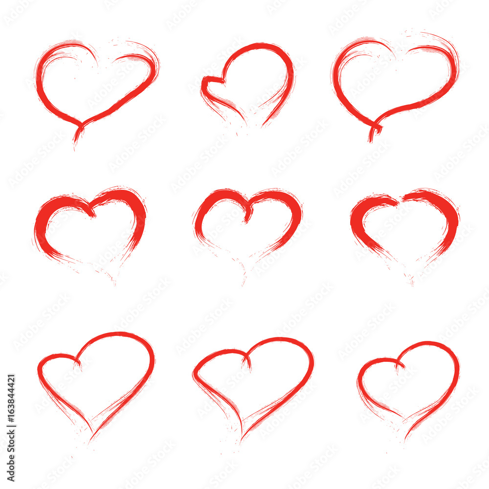 Set Of Scribbled Hearts. Vector grunge style icons collection. Vector illustration of the brush hand drawn sketchy hearts on the white background.