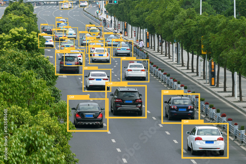 Machine learning analytics identify vehicles technology , Artificial intelligence concept. Software ui analytics and recognition cars vehicles in city.. photo