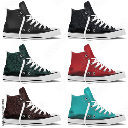 Design collection of realistic sneakers mock up on white background. Youth sneakers for Your business project. Hipster and pop sneakers styles. Vector Illustration
