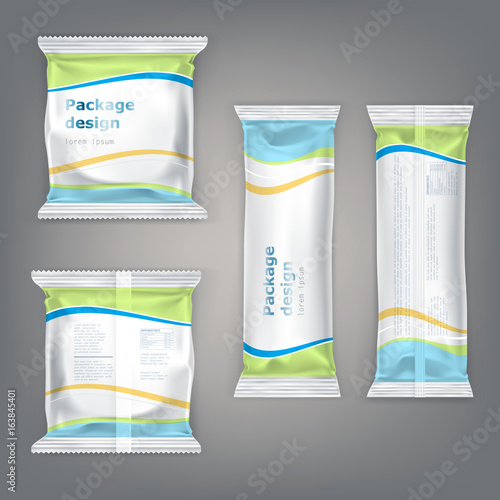 Vector set in a realistic style, ready-to-use design of packaging for snacks - biscuits, chocolate, candy, bars, crackers. Can be used not only for food