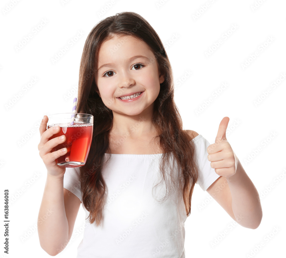 Cute little girl with glass of juice on white background Cute little girl with glass of juice on white background