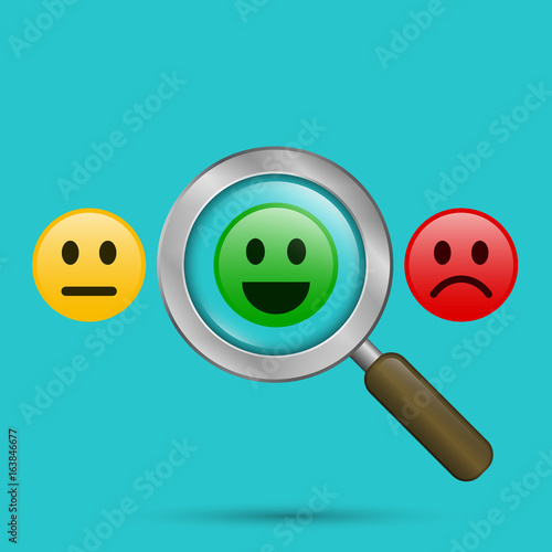 Find positive people concept. Magnifying glass with positive and negative emoticon. Search positive smiley among negative emoticons. Vector color illustration