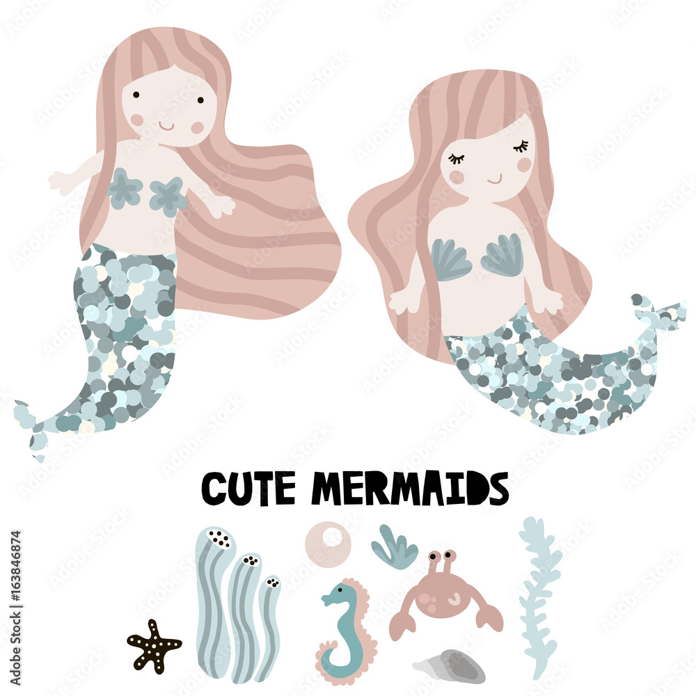 Mermaids with glitter tails and under sea elements. Crab,seahorse,starfish,seashells,seaweeds. Vector marine clipart isolated on white Mermaids with glitter tails and under sea elements. Crab,seahorse,starfish,seashells,seaweeds. Vector marine clipart isolated on white