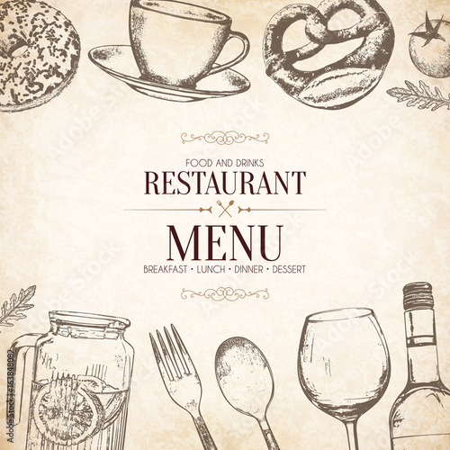 Restaurant menu design. Vector menu brochure template for cafe, coffee house, restaurant, bar. Food and drinks logotype symbol design. With a sketch pictures